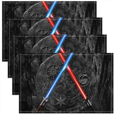 Imagem de Jogo americano com sabre de luz 30 x 45 cm para mesa de jantar, tapete de mesa à prova d'água azul neon vermelho para decoração de festa, conjunto de 4 tapetes de mesa geométricos vintage para parede