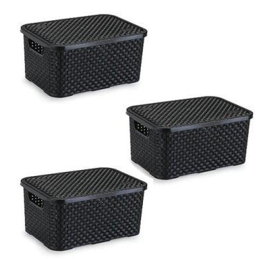 Imagem de Kit 3 Caixa Organizadora Rattan Médio  8 L Com Tampa Preto - Nitron