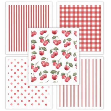 Imagem de HALL & PERRY Panos de prato suecos, pacote com 5, panos de esponja de celulose reutilizáveis para cozinha e limpeza – Ecológico, ultra-absorvente, secagem rápida (vermelho cereja)