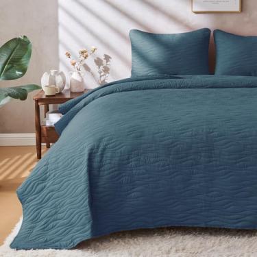 Imagem de JYHOPE Conjunto de cama de solteiro, 1 edredom de verão, 2 fronhas, colcha de microfibra leve e macia para todas as estações (padrão de madeira - azul, solteiro (68 x 90))