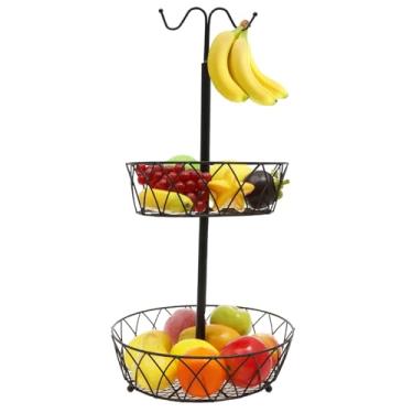 Imagem de Cesta de frutas de 2 camadas, suporte de lanche de pão removível multifuncional, suporte de frutas de ferro forte com gancho de banana, cesta de vegetais removível para casa, cozinha, balcão, banheiro