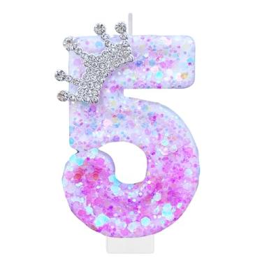 Imagem de Vela roxa número 5 de aniversário para bolo, coroa roxa, decoração de festa de aniversário de princesa, enfeite de cupcake, lembrancinhas de festa, suprimentos de decoração