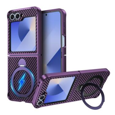 Imagem de Capa magnética para Samsung Galaxy Z Flip6/Flip7 FE com suporte de anel, textura de fibra de carbono, proteção de grau militar, leve, proteção contra quedas, capa resistente à prova de choque roxa 30