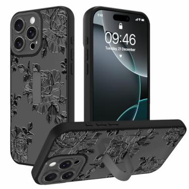 Imagem de AIGOMARA Capa para iPhone 16 Pro com alça de dedo com suporte de flor preta design floral para mulheres meninas TPU macio amortecedor rígido PC traseiro antiqueda à prova de choque capa fina