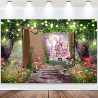Imagem de Tecido 3 x 2,4 m pano de fundo de livro mágico fantasia floresta cogumelo escada castelo rosa fotografia fundo Era uma vez tema de fadas princesa menina aniversário chá de bebê decoração banner