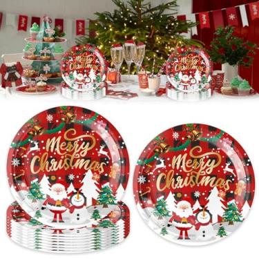 Imagem de Ncozwo 20 peças de pratos de papel descartáveis para festa de Natal com tema de Natal 23 cm para decorações de festa de inverno (vermelho preto xadrez Papai Noel tema boneco de neve)