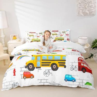 Imagem de Jogo de cama de carro colorido, conjunto de capa de edredom de veículos de transporte para decoração de quarto de adolescentes e mulheres, capa de edredom de bicicleta de táxi de ônibus, capa de