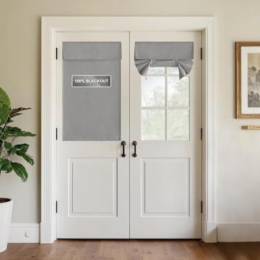 Imagem de StangH Cortina de porta cinza 100% blackout, cobertura de janela pequena, portátil, de linho sintético, adesivo com isolamento térmico, persiana francesa para pátio, casa, escritório, L66 x C40, 1