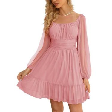 Imagem de Vestido Wenrine Mesh, manga comprida, gola quadrada, uma linha, rosa, 