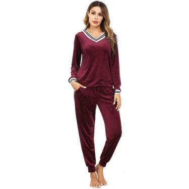 Imagem de Moletom feminino Irevial de veludo amassado listrado vermelho escuro L