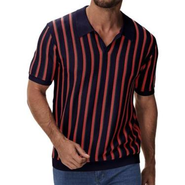 Imagem de Camisa polo masculina iWoo listrada com decote em V, roxa, tamanho L