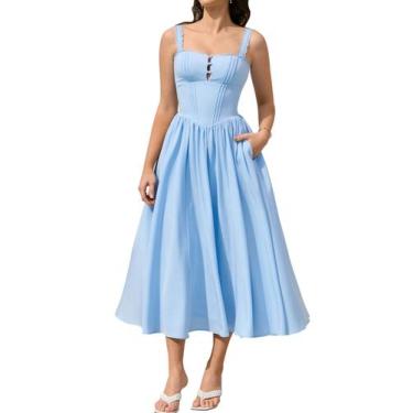 Imagem de Vestido KUTUMAI de renda de verão com gola quadrada, azul midi e bolso