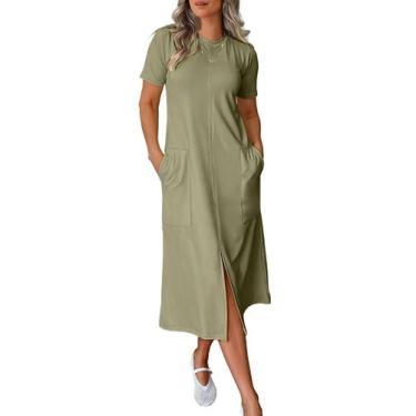 Imagem de Vestido midi ANRABESS 2025, casual de verão, manga curta, verde milita