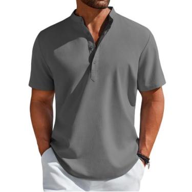 Imagem de Camisa masculina COOFANDY, de linho, manga curta, casual, cinza escuro
