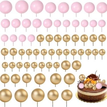 Imagem de LZGXZF 66 peças de topo de bolo em forma de bola, topos de bolo de feliz aniversário, bolas de espuma rosa e dourada, enfeite de bolo de cupcake para meninos e meninas, chá de bebê, festa de