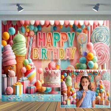 Imagem de Pano de fundo de feliz aniversário, sorvete, doce, loja de doces, pirulito, fundo fotográfico colorido, decoração de festa de aniversário, chá de bebê, bandeira, adereços para cabine de fotos