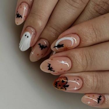 Imagem de Press on Nails Kit de unhas curtas médias amêndoas Halloween cola falsa conjunto de unhas com lindo design de morcego fantasma de abóbora cobertura completa bastão falso artificial em unha de acrílico