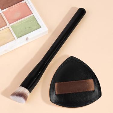 Imagem de Pincéis de maquiagem corretivo de precisão angular pincéis de maquiagem para creme, líquido, pó com puff de maquiagem, preto