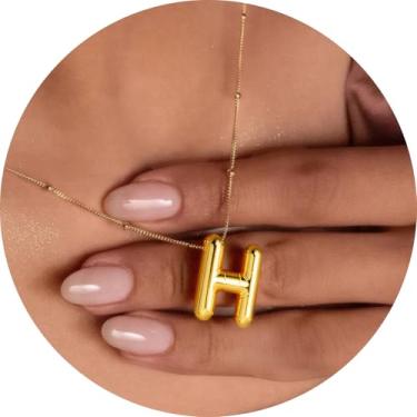Imagem de Colar feminino com inicial de aço inoxidável banhado a ouro 18K, pingente de letra bolha de A a Z, joia personalizada do alfabeto fofo de A a Z, 18+2in, Aço inoxidável, Sem Pedra Preciosa