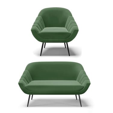 Imagem de Kit 01 Namoradeira 02 Lugares e 01 Poltrona Giovana Suede Verde Pés Palito de Ferro - D'Rossi