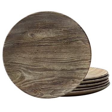 Imagem de TP Pratos de jantar de melamina de 21,6 cm, conjunto de pratos de 6 peças, pratos inquebráveis para uso interno e externo, serviço para 6, grão de madeira marrom-acinzentado