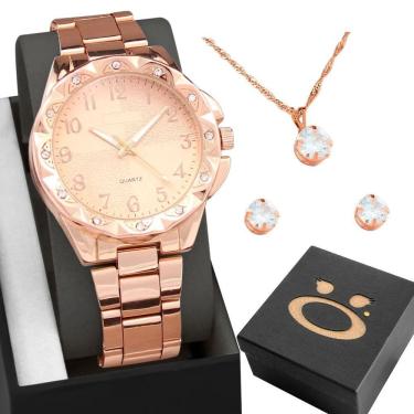Imagem de Relogio Feminino Aço Inox Rose + Colar Strass Brinco + Caixa Casual Ponteiro Social Inoxidável