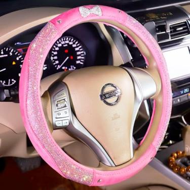 Imagem de Carwales Capa de volante de carro rosa para mulheres meninas acessórios brilhantes 38 cm universal colorido cristal strass diamante protetor de roda antiderrapante