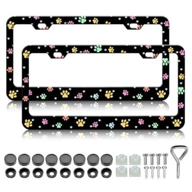 Imagem de Molduras de placa de licença com estampa de pata de cachorro fofo - pacote com 2 capas coloridas de suporte de placa de carro, moldura de metal de alumínio para carro padrão dos EUA Canadá com tampas