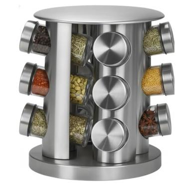 Imagem de Porta Temperos Giratório Inox 360° com 12 Potes de Vidro – Organizador de Condimentos e Especiarias – Suporte Giratório para Cozinha Moderna