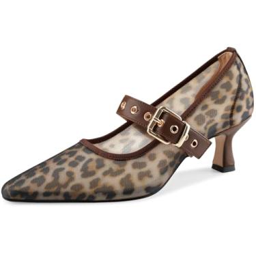 Imagem de Sandália feminina de malha fechada bico fino com strass tira no tornozelo fivela salto gatinho Mary Jane sapatos elegantes para formatura casamento 5 cm, Oncinha claro, 36