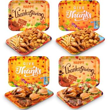 Imagem de Vesici Pacote com 4 bandejas de melamina de Ação de Graças, travessas retangulares de outono de 33 x 25 cm com designs de peru e colheita, pratos de servir duráveis para buffet de férias, amizade