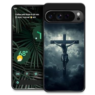 Imagem de CARLOCA Capa compatível com Google Pixel 9 Pro XL para meninas à prova de choque antiarranhões capa traseira rígida de PC estética padrão céu escuro nuvens cruz grande Jesus