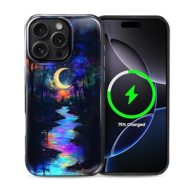 Imagem de ZHEGAILIAN Capa magnética para iPhone 15 Pro Max, compatível com capa rígida MagSafe + silicone macio 2 em 1 híbrido à prova de choque capa protetora contra quedas Magic Moon Night Blue