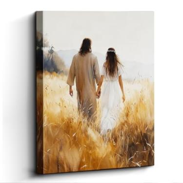 Imagem de WOXZQ Arte de parede de Jesus Cristo, caminhada no campo, decoração de parede religiosa, impressão em tela sem moldura, papel laminado, arte de pôster cristão, para presente de casa de sala de oração