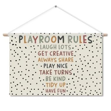 Imagem de Boho Cabide infantil para sala de jogos com moldura de madeira, cabide de porta de sala de aula, regras de sala de jogos, decoração de parede para crianças, sala de jogos, quarto, berçário, casa