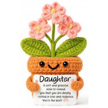 Imagem de Canmuchful Presente de incentivo à filha – Linda flor de crochê da mamãe papai, estatueta feita à mão em vaso de apoio emocional, aniversário inspirador, decoração de mesa positiva colecionável
