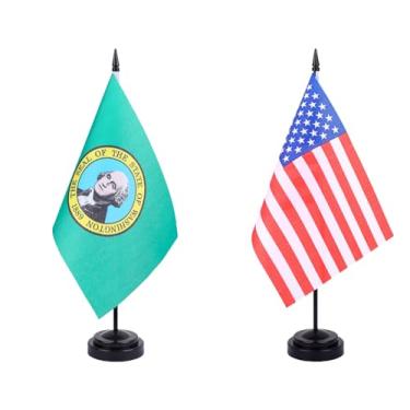 Imagem de JBSJBS EUA Washington Desk Flag 30.5 cm Solid Pole Deluxe Set US Washington Flags Banner Mini Pequenas Bandeiras de Mesa de Escritório do Estado Americano com Base de Suporte Preto Decorações de Mesa