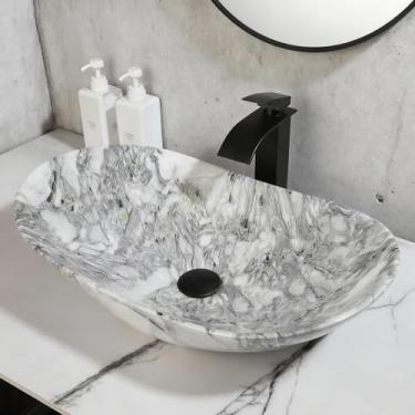 Imagem de Zoyueyu Pia oval de mármore com torneira de cachoeira e ralo pop-up 61 x 35 cm pias de banheiro de cerâmica acima do balcão pia de banheiro branca porcelana