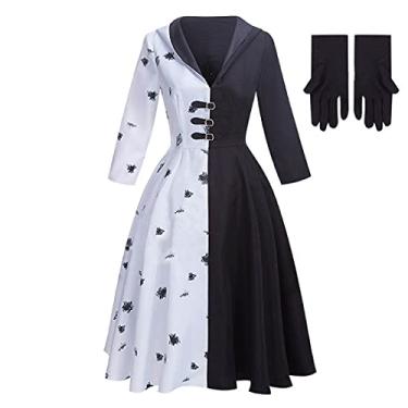 Imagem de Vestido de fantasia feminino Cruella Deville 2021 Cruela Dálmata fantasia de Halloween com luvas conjunto completo (tamanho dos EUA)