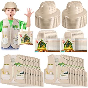 Imagem de Newcotte 72 peças de brinquedo infantil de fantasia de explorador, incluindo 24 coletes infantis de safári, 24 chapéus de safári de plástico, 24 sacolas a granel para festa de explorador na selva