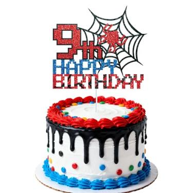Imagem de Topo de Bolo Aniversário Aranha Pixelado, Topo Bolo Aniversário com Teia Aranha Brilhante para Meninos Meninas Lembrancinhas e Decoração para Festa Temática (9º)