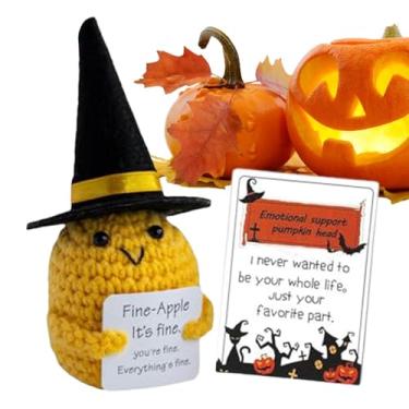 Imagem de Bonecas positivas de malha fofas, bonecas de crochê positivas,Boneca de cabeças de abóbora de Halloween | Boneca de crochê engraçada feita à mão com suporte emocional fofo boneca de malha com cartão p