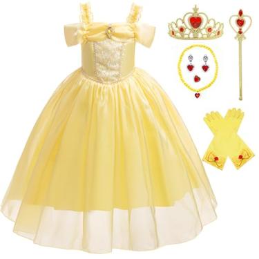Imagem de TYHTYM Fantasia de Bela para meninas, vestido de tule amarelo extravagante, festa de aniversário de Halloween (amarelo, 7-8 anos)