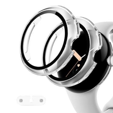Imagem de HAYONLIY Pacote com 2 capas protetoras de tela para Pixel Watch 4 de 41 mm 2025, carregando com a capa, capa protetora rígida de policarbonato amortecedor, película de vidro temperado integrada