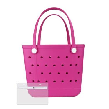 Imagem de Urvczza Bolsa de praia de borracha, bolsa feminina à prova d'água, para viagens, piscinas e academias, Rosa vermelho/M, Medium, Bolsa de praia à prova d'água