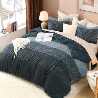 Imagem de Litanika Conjunto de edredom queen de lã fofa, luxuoso, macio, com listras azuis, neblina, felpudo, quente, para todas as estações (1 edredom, 2 fronhas)