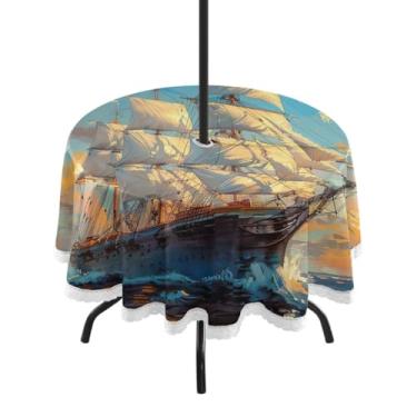 Imagem de Blueangle Toalha de mesa redonda grande à prova d'água de 152 cm com furo para guarda-chuva - Tecido resistente à prova de sol para todos os climas para pátio, acampamento, piquenique(568)