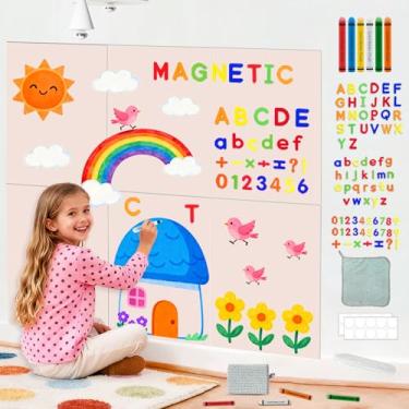 Imagem de Conjunto de 6 adesivos magnéticos de parede, quadro-negro para crianças, autoadesivo, quebra-cabeça, ímãs, papel de parede autoadesivo, quadro negro, com 36 letras magnéticas para berçário de sala de