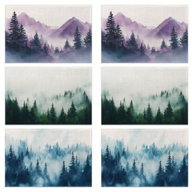 Imagem de Conjunto de 6 jogos americanos Floresta enevoada, linho rústico de montanha lavável para o Natal, Ação de Graças, festa e jantar diário, tapetes de mesa decorativos para mesa de 4 a 6 pessoas
