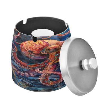 Imagem de Blueangle Cinzeiro de polvo vermelho com tampa para cigarros, à prova de vento/chuva, aço inoxidável, sem fumaça, inodoro, cinzeiro para uso interno ou externo (402)